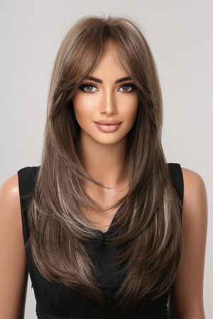 Layered contour synthetic wig with bangs in brown and blonde highlights