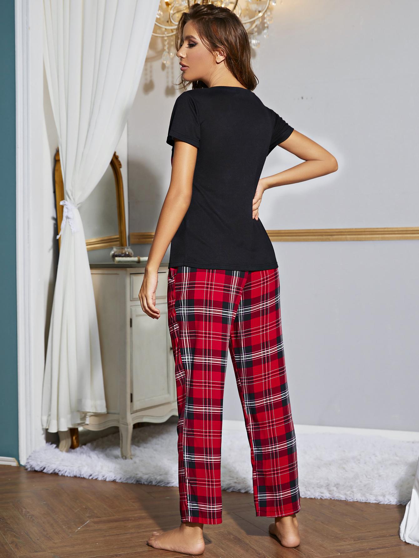Plaid pocket tee and lounge pant set in black and red plaid.
