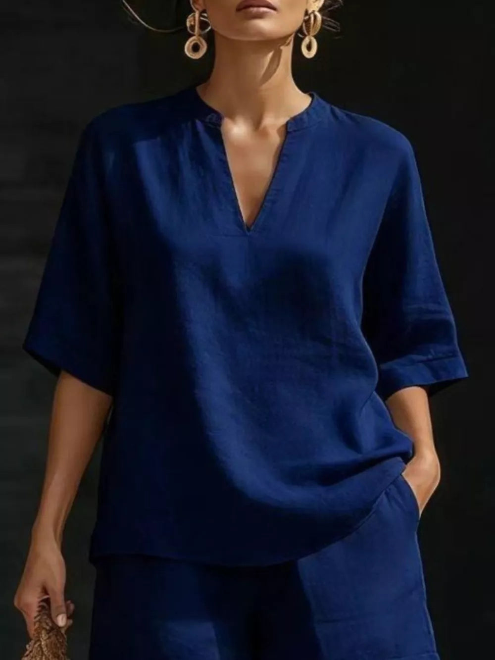 Dark blue notched V-neck two-piece set with pockets, casual comfortable women's outfit