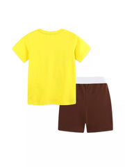 Yellow cotton t-shirt and brown shorts set with white waistband for baby boys.