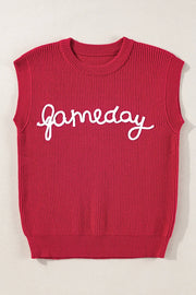 Burgundy ribbed knit vest with white "gameday" appliqué and crew neckline.