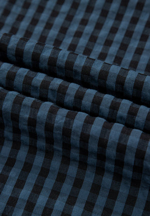 Textured dark blue gingham overalls with button detail