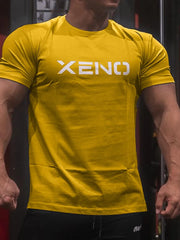 Gold XENO athletic fit t-shirt with white logo detail.