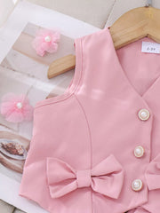 Children's Bow Button Up Vest And Skirt Set in Pink, close-up detail