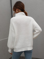 White ribbed knit turtleneck sweater with balloon sleeves