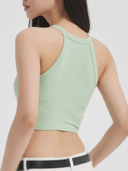 Ribbed halter crop top in Gum Leaf with contrast stitching detail and racerback.