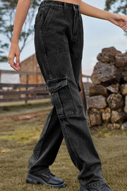 Black denim cargo pants with utility pockets and a relaxed fit.
