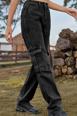 Black denim cargo pants with utility pockets and a relaxed fit.