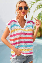 Rainbow stripe crochet sleeveless V-neck top with white trim and open knit detail.