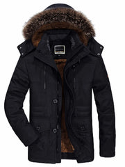 Black faux fur hooded parka with buttoned front and fur lining