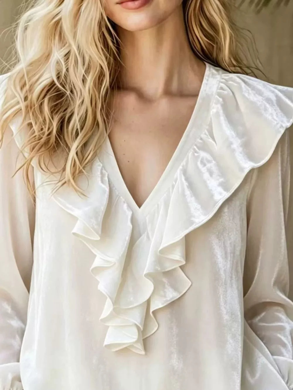 Full Size Ruffled V-neck Long Sleeve Blouse, product detail