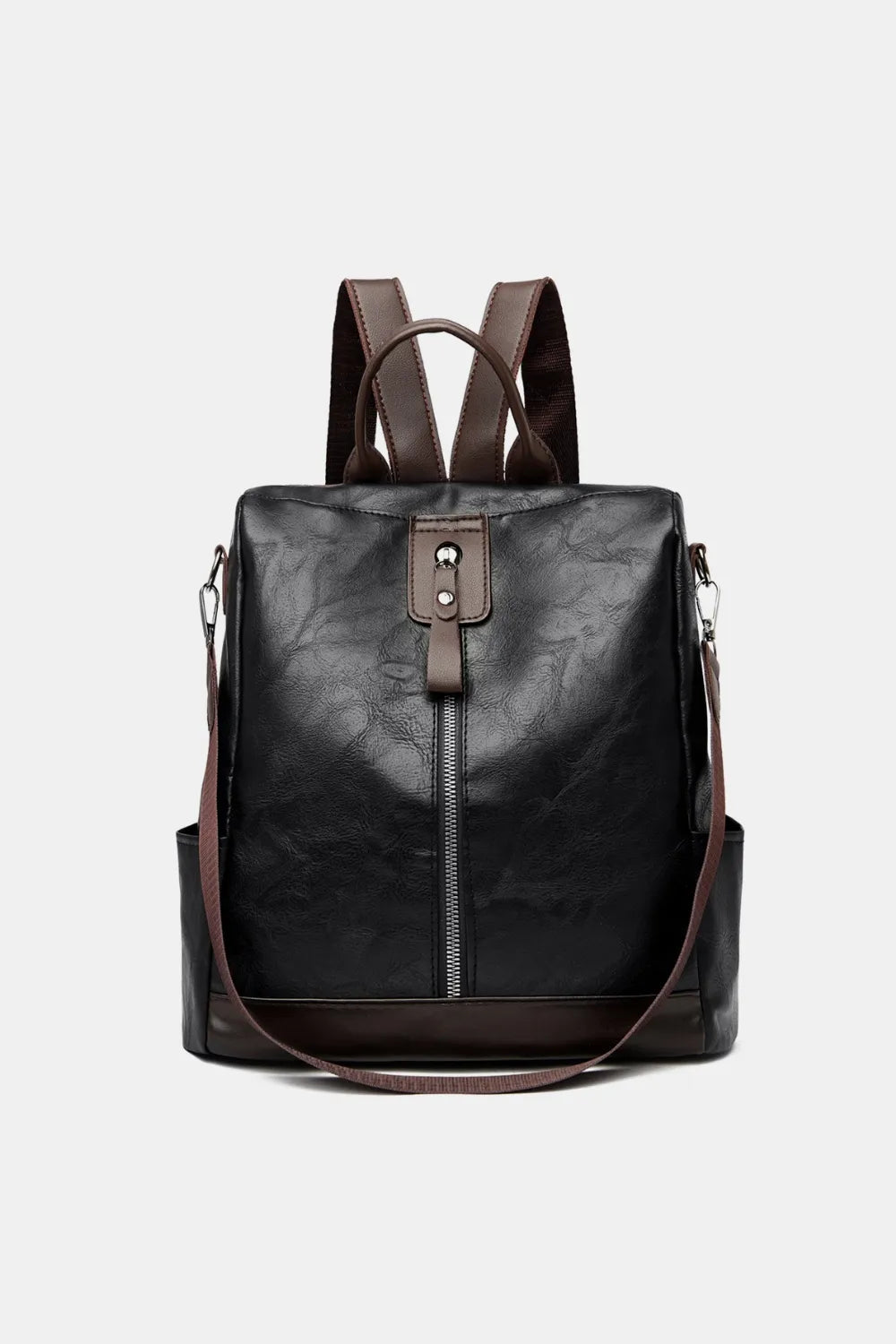 Black structured leather convertible backpack with brown accents and straps.