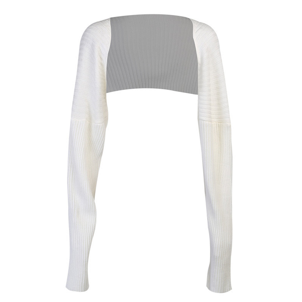 White ribbed knit sleeve shrug with a gray back panel.