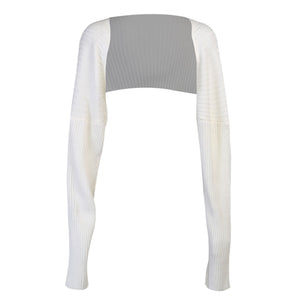 White ribbed knit sleeve shrug with a gray back panel.