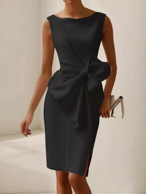 Black sleeveless dress with bow detail and side slit