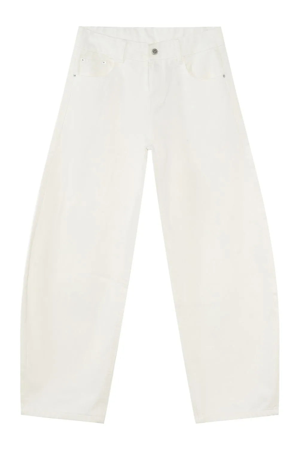 Ivory denim balloon trousers with a high waist and wide leg.