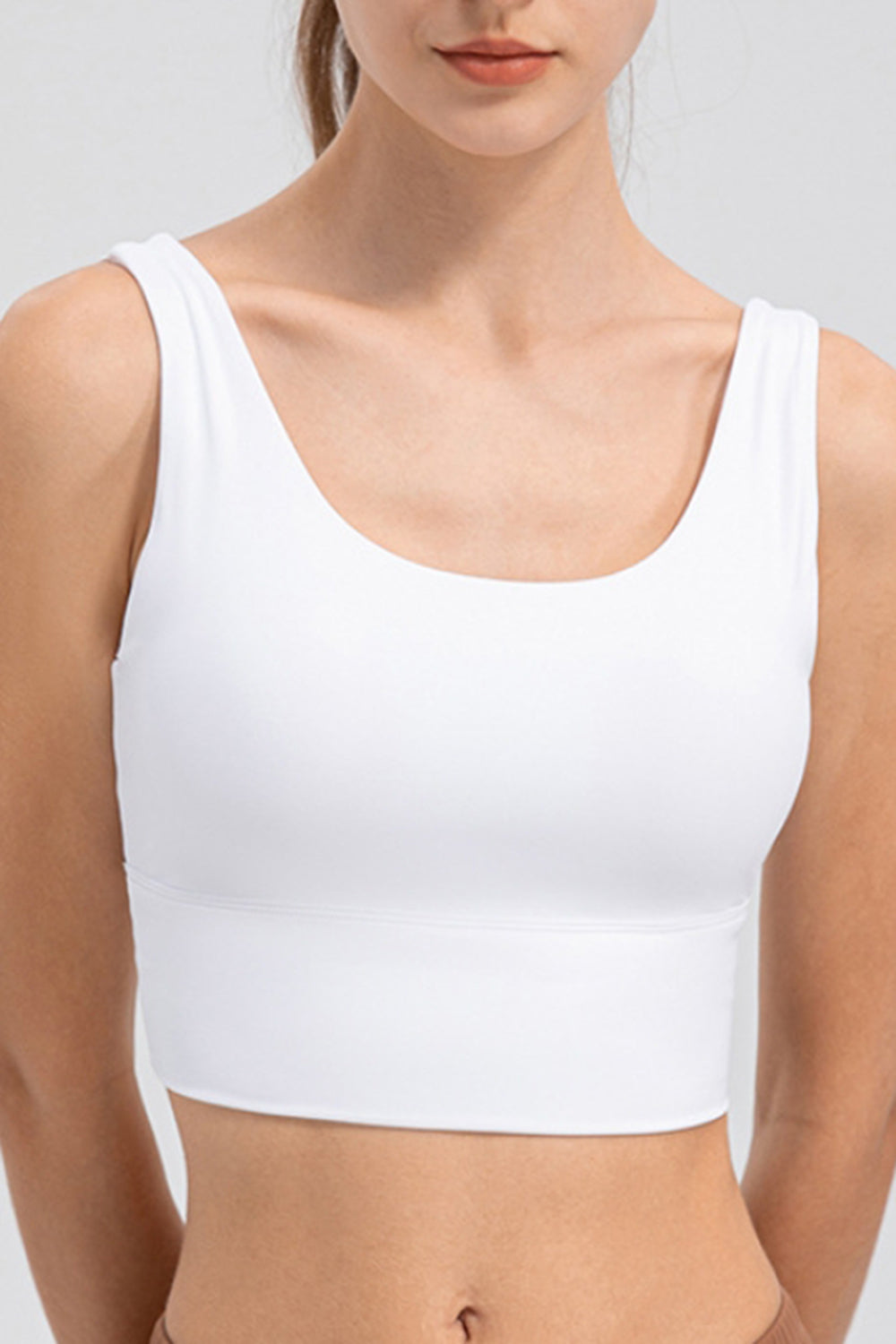 White scoop neck performance crop top with wide band