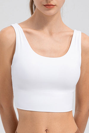 White scoop neck performance crop top with wide band