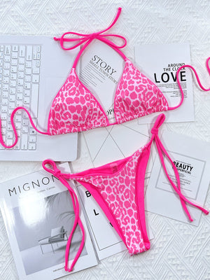 Hot Pink leopard print tie-side bikini set with triangle cups and string bikini bottoms.