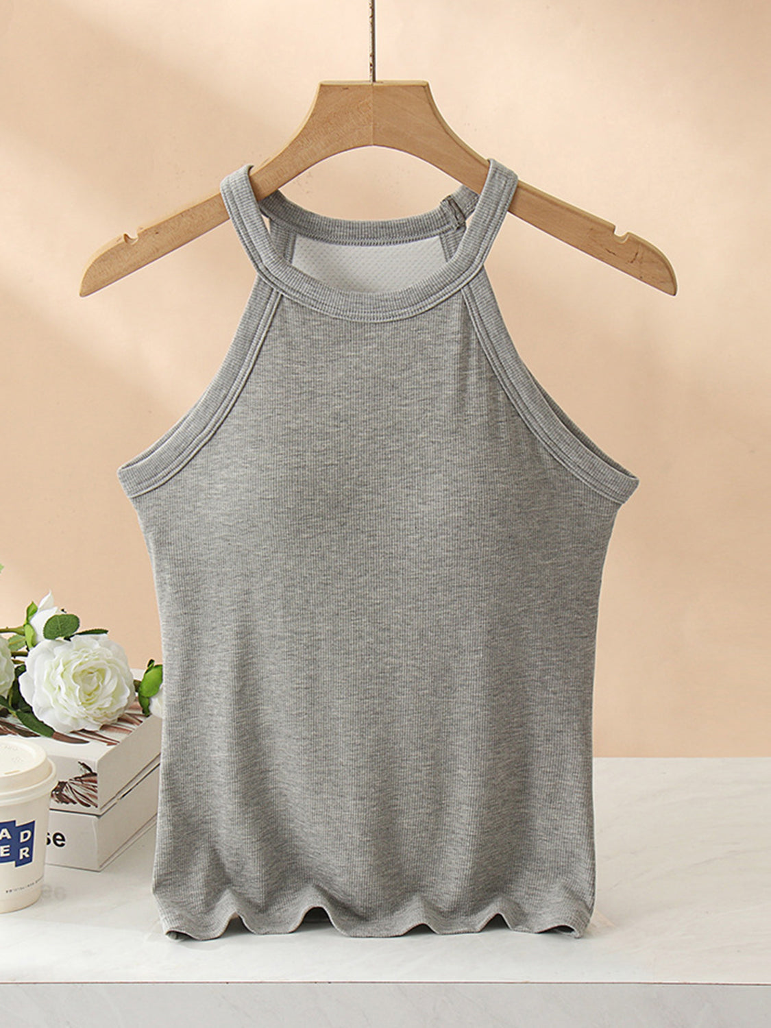 Gray ribbed halter tank top with built-in bra and lettuce hem