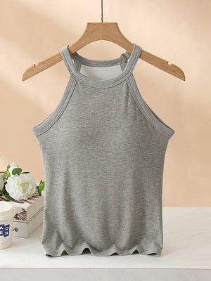 Gray ribbed halter tank top with built-in bra and lettuce hem