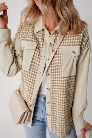 Beige houndstooth corduroy patchwork shacket with button front and chest pockets.