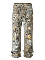 Distressed treasure print wide leg denim jeans in gray with intricate chain and charm patterns.