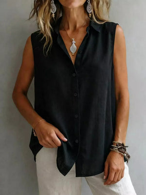 Black sleeveless button-up shirt with a collared neckline and button closure.
