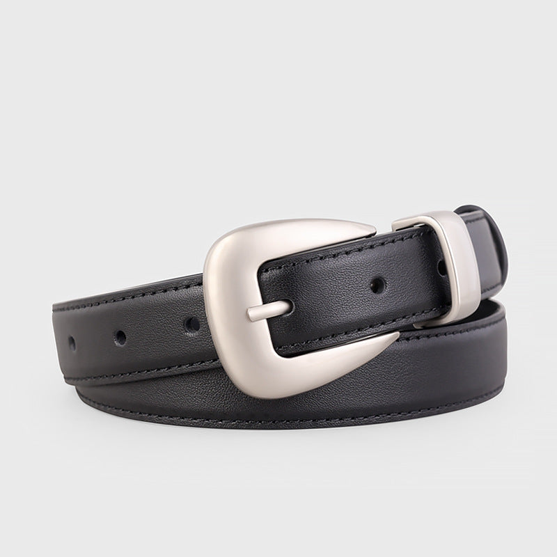 Black cowhide leather belt with a silver buckle and keeper.