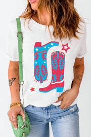 White t-shirt with red and blue boot print and stars graphic.