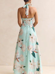 Blue floral halter neck maxi dress with corset back detail