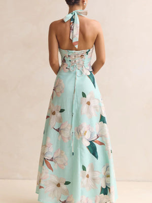 Blue floral halter neck maxi dress with corset back detail