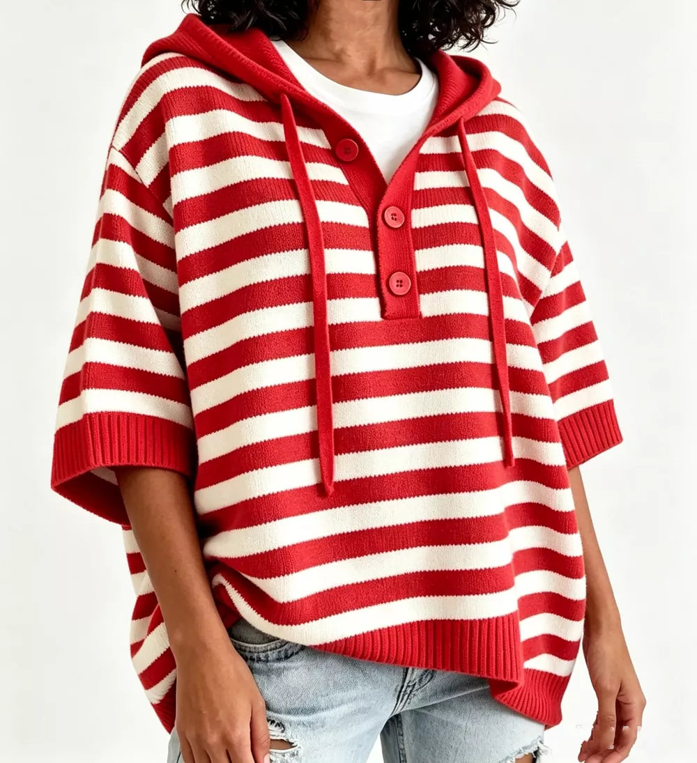 Striped Hooded Sweater With Button Detail in Blue, editorial view