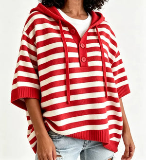 Striped Hooded Sweater With Button Detail in Blue, editorial view