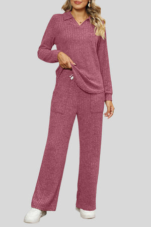 Ribbed knit lounge set in mauve with collar, long sleeves, and pockets.