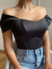 Black sweetheart neckline off-shoulder blouse with corset detail and bow sleeves.