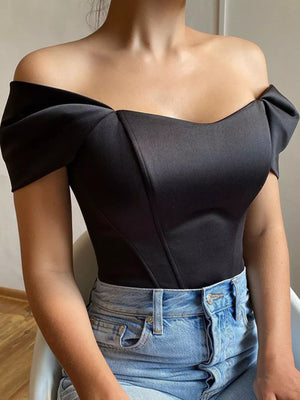 Black sweetheart neckline off-shoulder blouse with corset detail and bow sleeves.