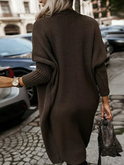 Brown ribbed texture longline knit cardigan with open front and long sleeves.