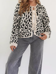 Cardigan with leopard print, tie-front closure, and crew neck.