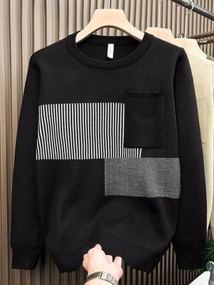 Men's black long sleeve sweater with geometric stripe pattern and chest pocket