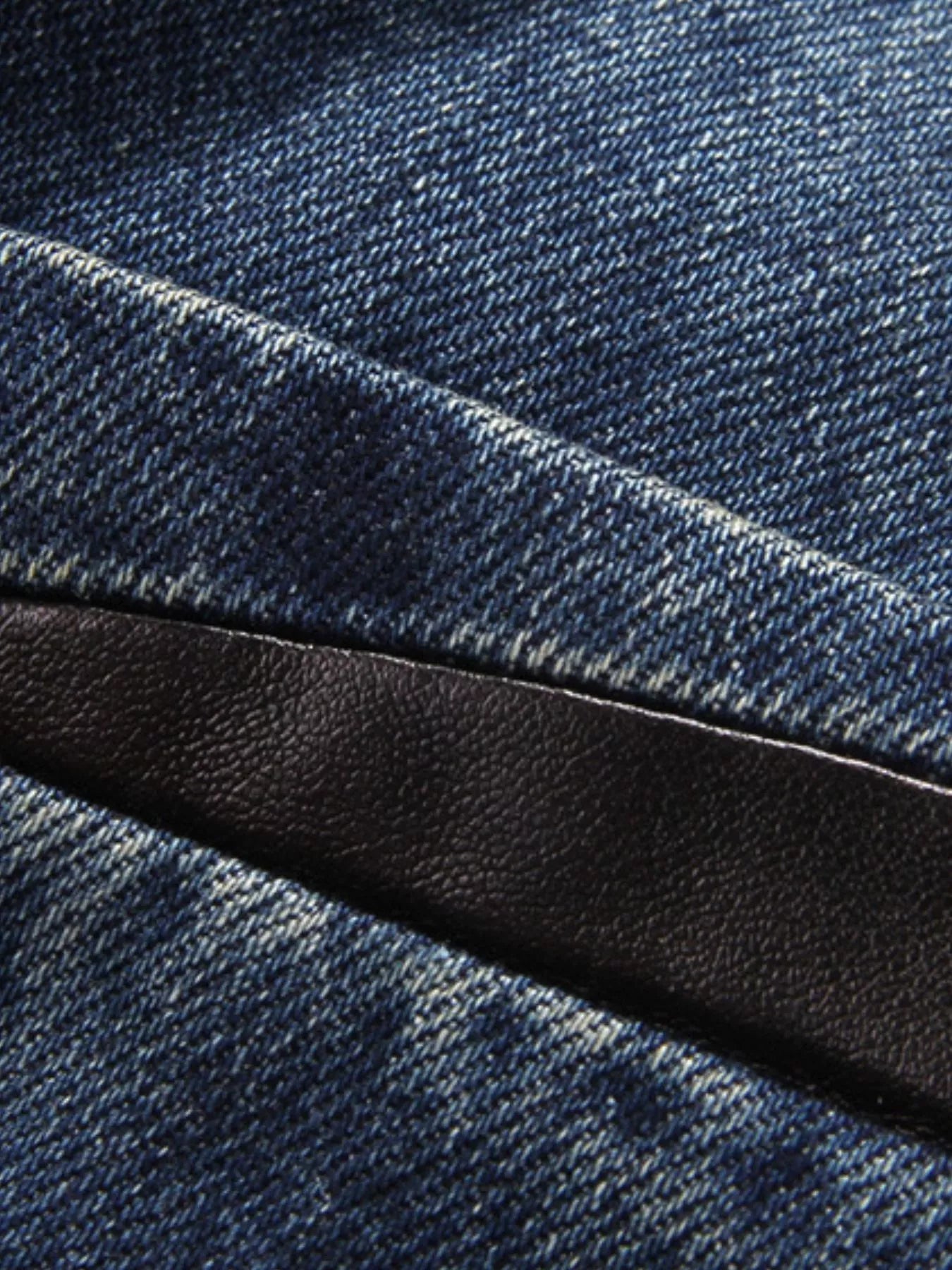 Men's denim blazer with black faux leather trim detail