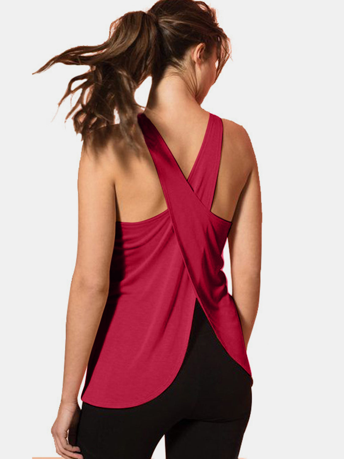 Deep Red flow tank top with crisscross back detail and curved hem