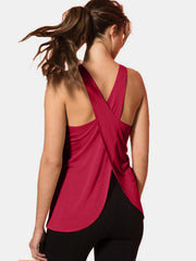 Deep Red flow tank top with crisscross back detail and curved hem