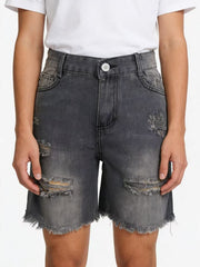 Gray distressed denim shorts with frayed hem and ripped details.