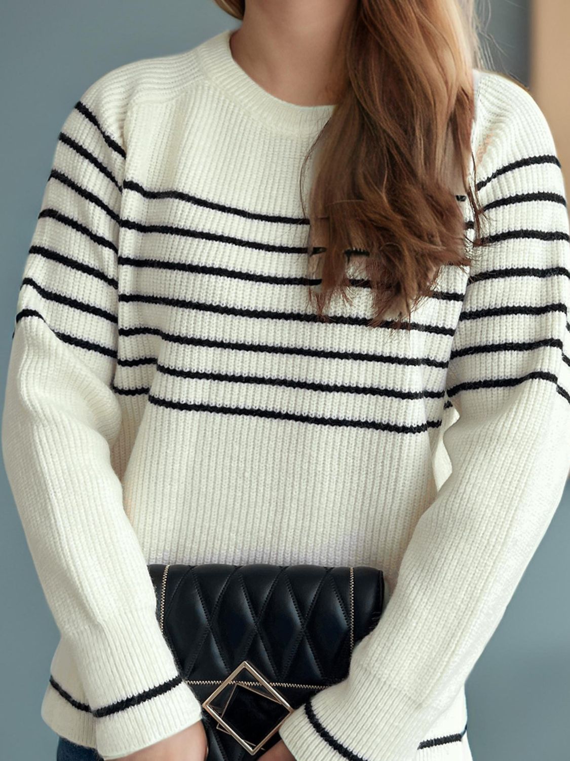 Breton stripe ribbed knit crewneck sweater in white with black stripes, crew neck, long sleeves