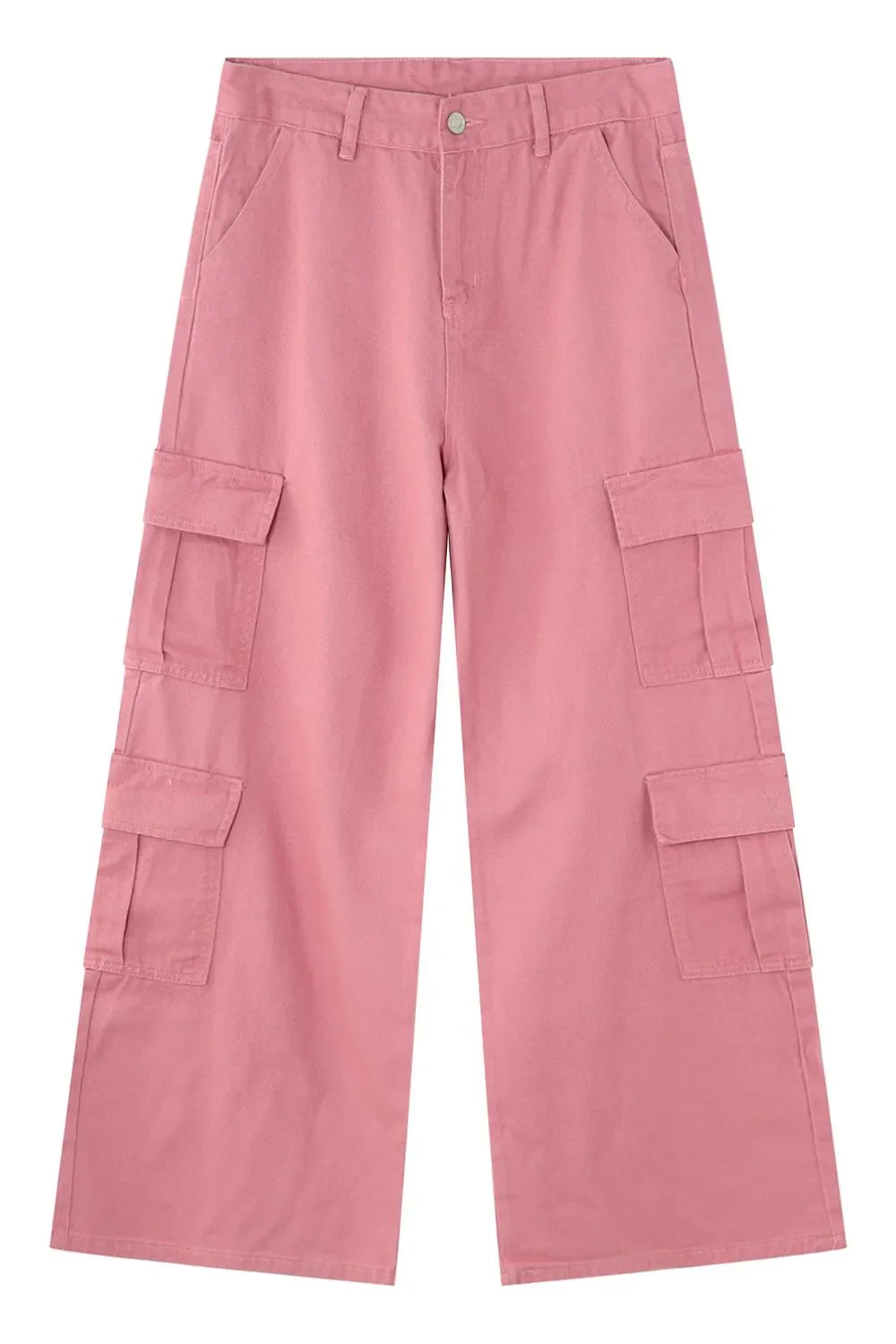 Oversized dusty pink cargo palazzo pants with button front and multiple cargo pockets.
