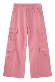 Oversized dusty pink cargo palazzo pants with button front and multiple cargo pockets.