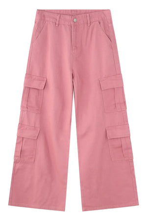 Oversized dusty pink cargo palazzo pants with button front and multiple cargo pockets.