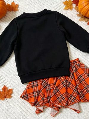 Baby girl black long sleeve top and orange plaid pleated skirt set