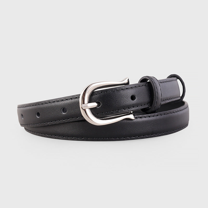 Black leather skinny belt with silver buckle